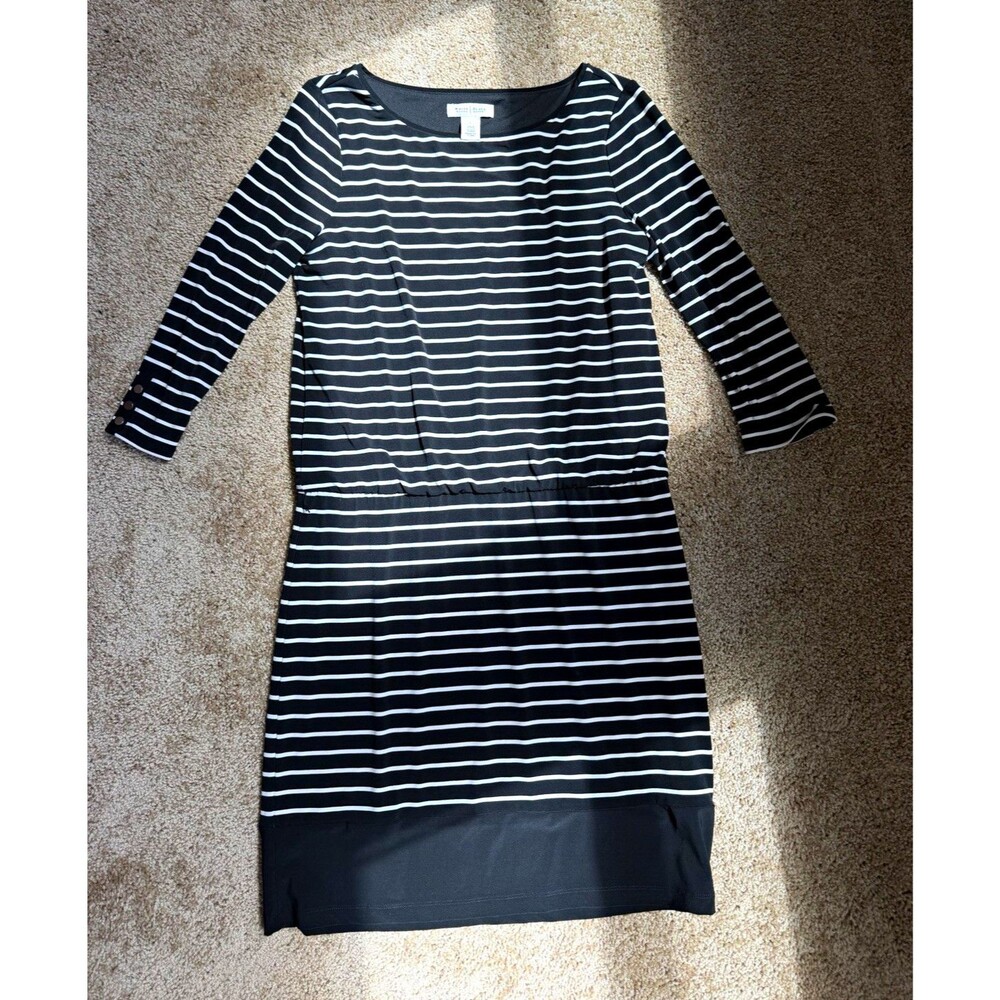 Black & White Striped Knit Sheath Dress Boat Neck 3/4 Sleeve Knee Length M
